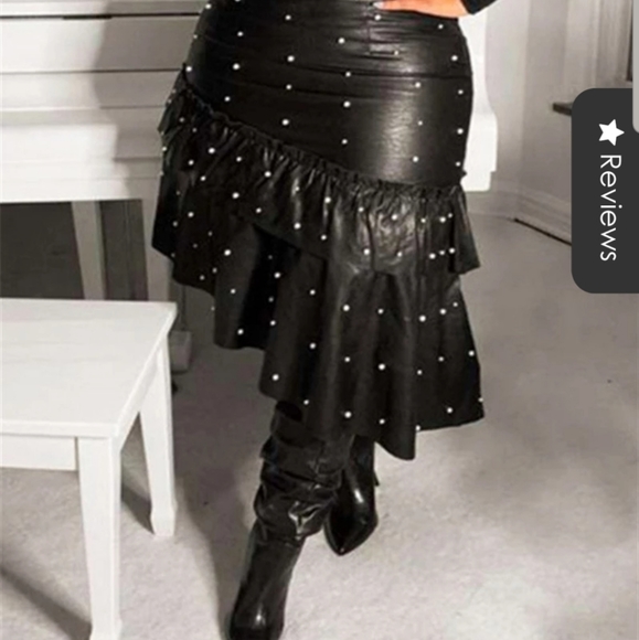 NEW Faux Leather Skirt with Pearl-like detal - Picture 2 of 5